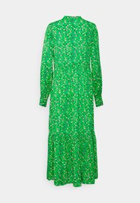 Grön blommig klänning med långa ärmar, hög halsringning och flerlagad kjol. Tillverkad av lätt material, med små lila och vita blommor.