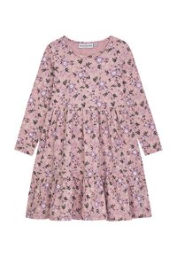 Langärmliges Blumenkleid in Pastellrosa mit lila und schwarzen Akzenten, mit einem gestuften Rock und rundem Ausschnitt. Weicher, strukturierten Stoff.