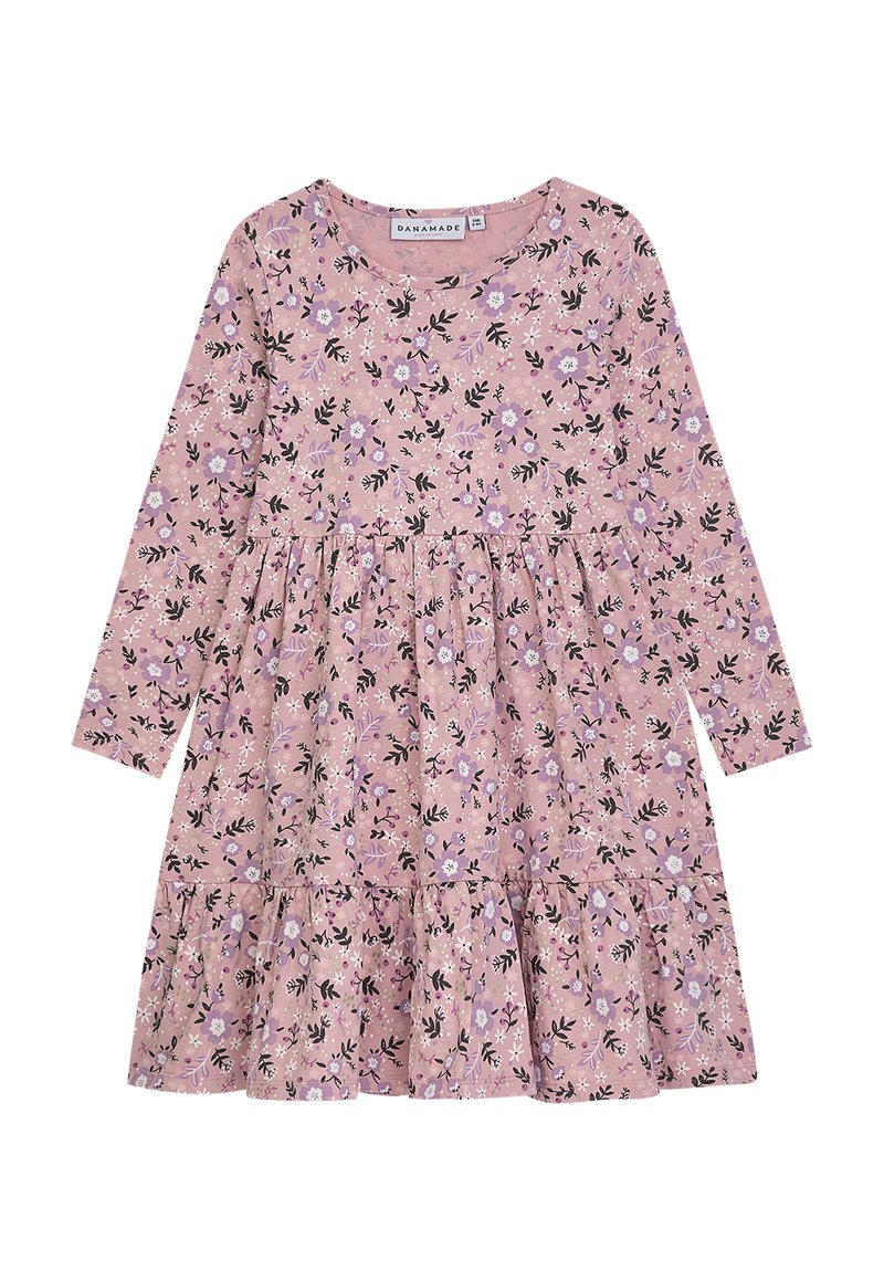 Langärmliges Blumenkleid in Pastellrosa mit lila und schwarzen Akzenten, mit einem gestuften Rock und rundem Ausschnitt. Weicher, strukturierten Stoff.