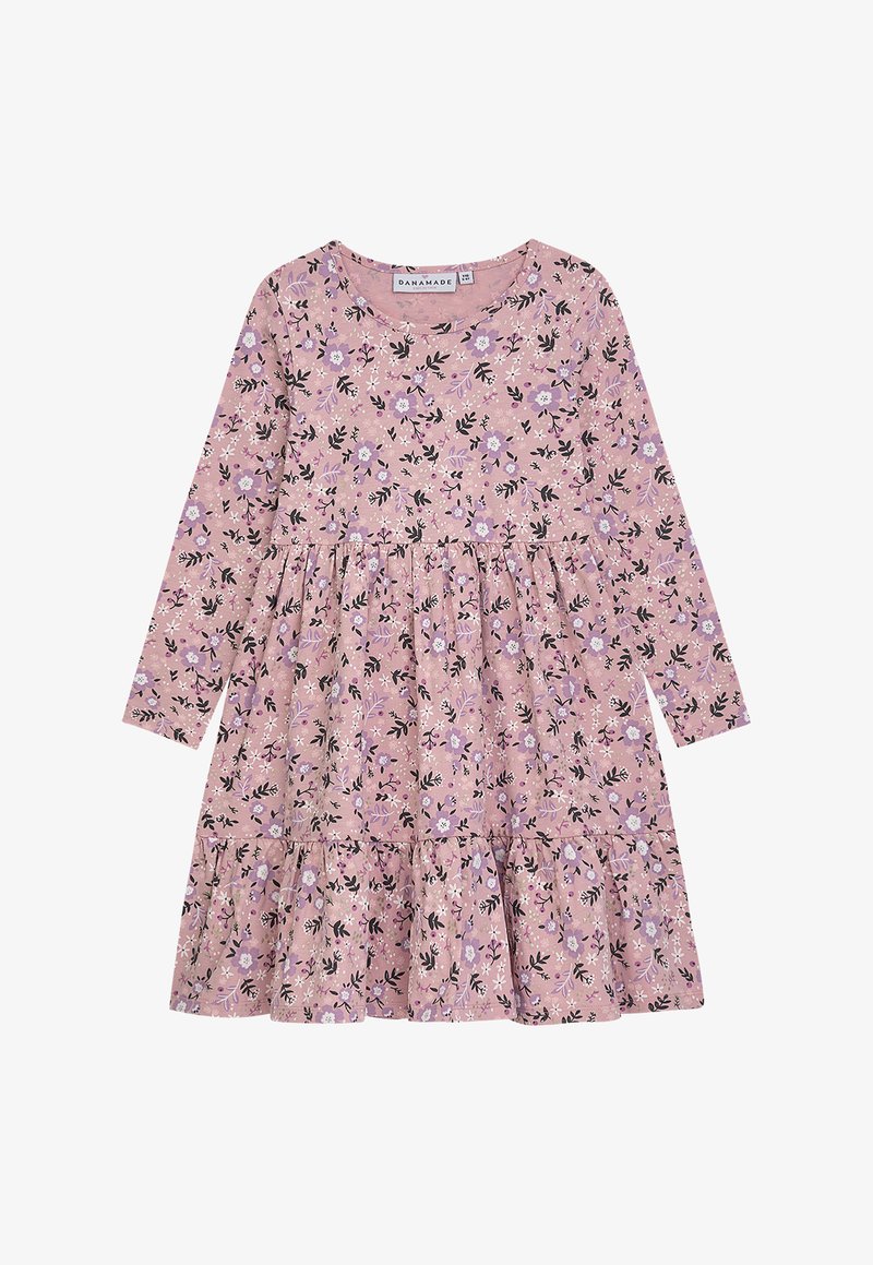 Langärmliges Blumenkleid in Pastellrosa mit lila und schwarzen Akzenten, mit einem gestuften Rock und rundem Ausschnitt. Weicher, strukturierten Stoff.