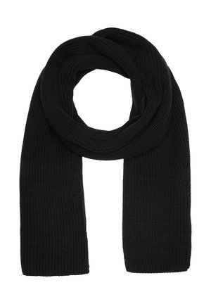 Schwarzer gestrickter Schal, zu einer Schlaufe gefaltet, mit beiden Enden, die nach unten hängen, vor weißem Hintergrund.