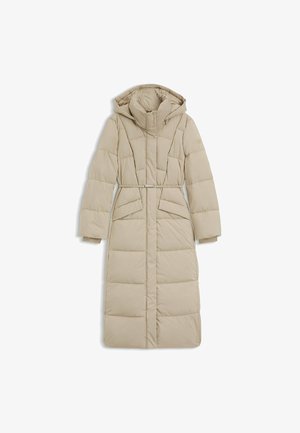 Padded long beige coat with a hood, belted waist, and angular quilted pattern. Features side pockets and ribbed cuffs. Smooth texture.