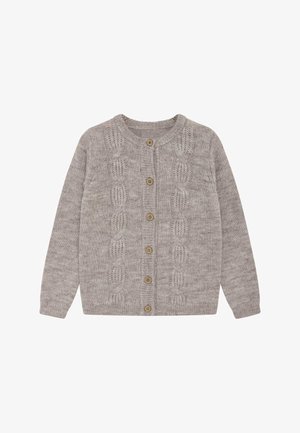 Grijze gebreide cardigan met een gestructureerd kabelpatroon, ronde halslijn en houten knoopsluitingen aan de voorkant. Lange mouwen, zachte textuur.