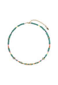 Collier en perles comportant des perles cylindriques vertes, des perles d'accent colorées, un matériel doré et un élément décoratif avec un motif bleu.
