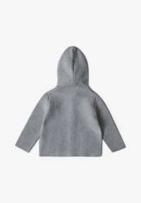 Grau gestrickter Kapuzenpullover mit einer strukturierten Oberfläche, ausgestattet mit einer tiefen Rückennaht, langen Ärmeln und einer Kapuze. Schlichtes, vielseitiges Design, das sich gut zum Layering eignet.