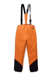 Oranssit vedenpitävät housut mustilla yksityiskohdilla, säädettävät olkaimet ja joustavat hihansuut. Ominaisuuksiin kuuluu sileä tekstiiliviimeistely ja nappiyksityiskohta.