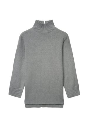 Szary sweter z golfem wykonany z miękkiej dzianiny. Posiada ściągacze przy mankietach oraz lekko oversize'owy krój z prostym dołem.