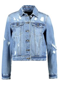 Ljusblå denimjacka med kort klippning, slitna detaljer, knappar i silverfärg och klassiska bröstfickor.