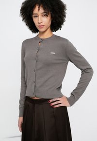 Cardigan grigio realizzato in materiale morbido, con collo rotondo, bottoni frontali e un piccolo logo. Abbinato a una gonna scura plissettata.