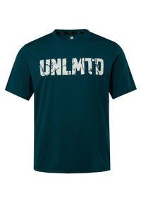 Teal bomulds T-shirt med korte ærmer, rund hals og en stor, distressed hvid "UNLMTD" tekstgrafik på forsiden.