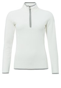 Sudadera de polar blanca de manga larga con un cuello gris de media cremallera y ribetes grises en los puños y el dobladillo.