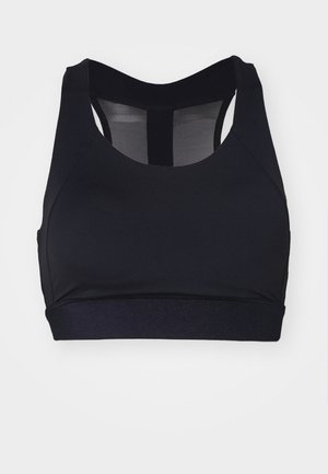 Zwarte sportbra met een aansluitend ontwerp, racerback stijl en een meshpaneel op de rug. Gemaakt van rekbaar, vochtafvoerend materiaal.