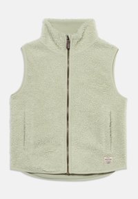 Γιλέκο από φλις σε ανοιχτό πράσινο με ψηλό γιακά, ολόκληρο φερμουάρ μπροστά και πλαϊνές τσέπες. Απαλή υφή με χνουδωτή εξωτερική επιφάνεια.