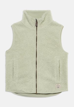 Chaleco de forro polar en verde claro con cuello alto, cremallera frontal completa y bolsillos laterales. Textura suave con una capa exterior esponjosa.