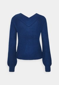 Niebieski sweter dziany z głębokim dekoltem z tyłu, długimi rękawami z ściągaczami i teksturowanym materiałem w luźnym kroju.