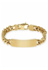 Braccialetto in oro con maglie intrecciate e una placca rettangolare liscia per la personalizzazione. Chiusura con gancio sicuro.