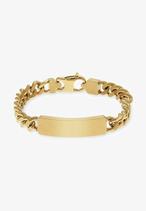 Gouden kettingarmband met in elkaar grijpende schakels en een glad, rechthoekig label voor personalisatie. Veilige sluiting met een haak.