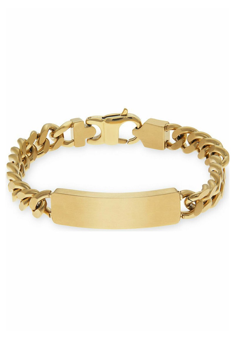 Braccialetto in oro con maglie intrecciate e una placca rettangolare liscia per la personalizzazione. Chiusura con gancio sicuro.