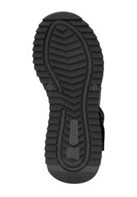 Suola di scarpa in gomma nera con un motivo a zigzag, caratterizzata da una superficie texture e un logo in rilievo vicino al tallone. Taglia indicata come 37.