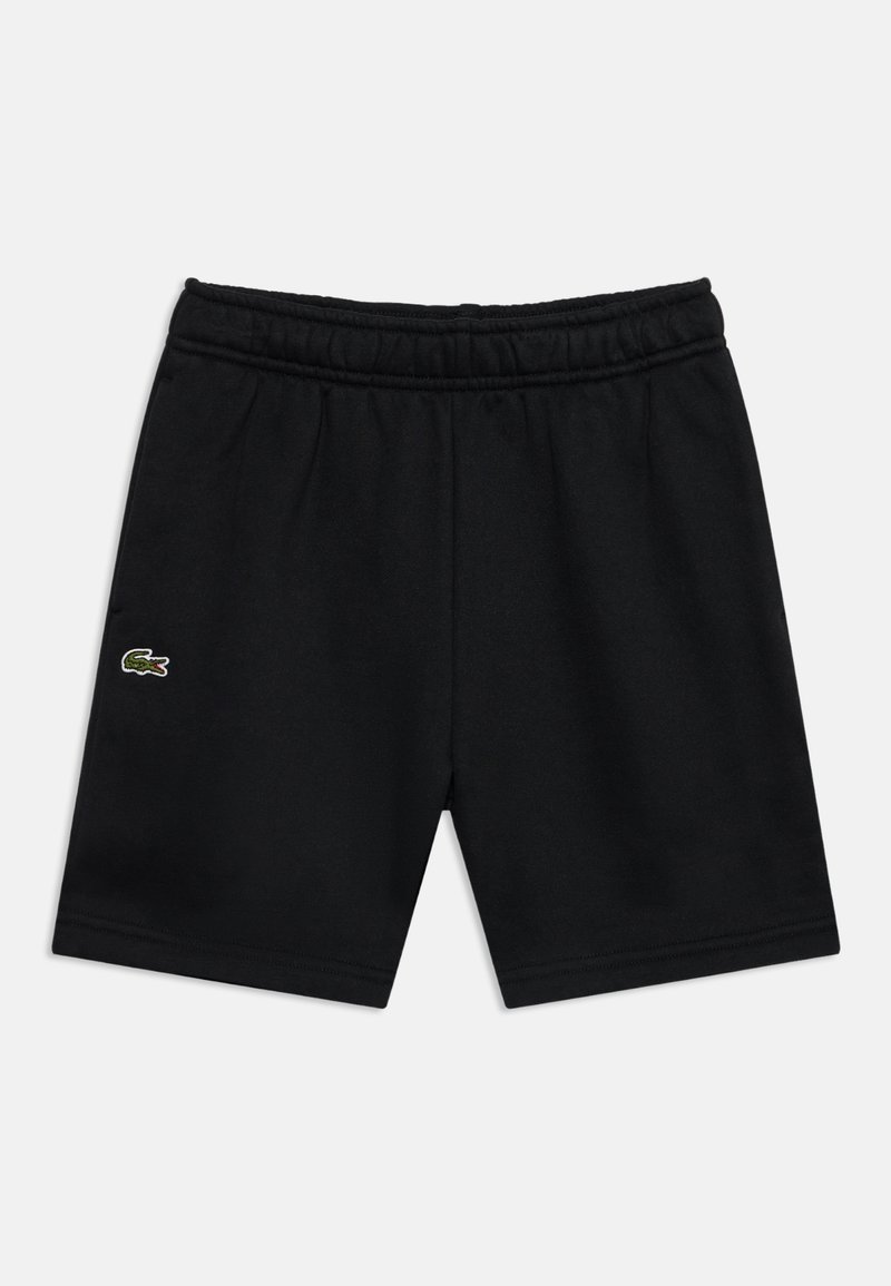 Short noir à taille élastique avec logo crocodile vert Lacoste sur la cuisse gauche, design simple, à plat sur fond blanc.