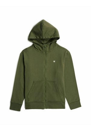 Grüner Kapuzenpullover mit durchgehendem Reißverschluss, Fronttaschen, langen Ärmeln und kleinem weißem Logo auf der Brust, dargestellt vor weißem Hintergrund.