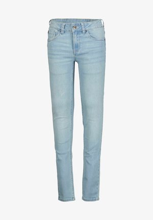 Vaqueros de mezclilla azul claro con corte ajustado, diseño de cinco bolsillos, cierre de botón en la parte delantera y un leve desgaste para un efecto usado.