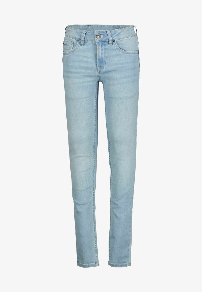 Jean en denim bleu clair avec une coupe slim, design à cinq poches, fermeture à bouton à l'avant et décoloration subtile pour un effet usé.
