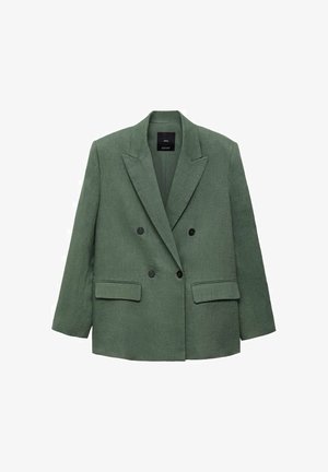 Groene linnen dubbele blazer met gewone revers, twee voorkeurszakken en zwarte knopen. Gestructureerde vorm en gladde textuur.