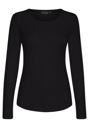 Čierny top s dlhými rukávmi a okrúhlym výstrihom, vyrobený z hladkej tkaniny. Jednoduchý dizajn, priliehavý strih a zakrivený lem na spodnej strane.