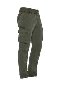 Pantaloni cargo verde oliva con cintura, dotati di tasche multiple, vestibilità comoda e dettagli cuciti. Tessuto morbido e leggero.