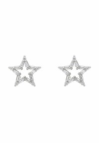 Silver star-shaped earrings featuring a mix of round and rectangular clear gemstones, creating a geometric pattern.