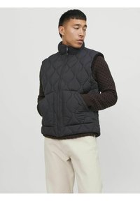Schwarze gesteppte Weste mit hohem Kragen, Reißverschluss und zwei Seitentaschen, über einem strukturierten dunkelbraunen Pullover getragen. Helle Hose.