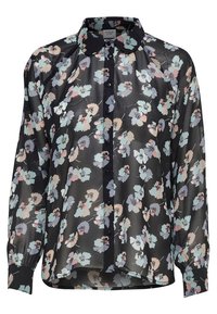 Czarna przejrzysta bluzka z kwiatowym wzorem w pastelowych kolorach, z kołnierzykiem, długimi rękawami i zapięciem na guziki z przodu.