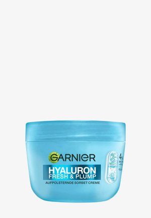 Pot de crème sorbet Garnier Hyaluron Fresh & Plump avec 4 % de niacinamide et acide hyaluronique pour hydrater et repulper la peau.