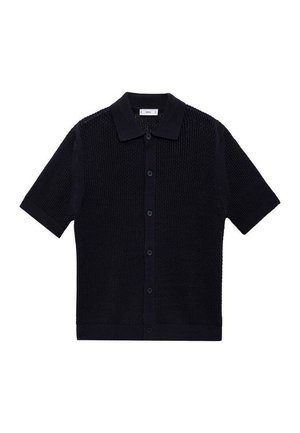 Cardigan in maglina corto a maniche corte di colore blu navy, con un motivo testurizzato, colletto e chiusura con bottoni sul davanti. Accentato da bottoni scuri.