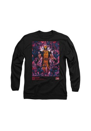 Black long-sleeve shirt featuring a graphic of a muscular character in yellow and brown, surrounded by dark figures and vibrant colors.