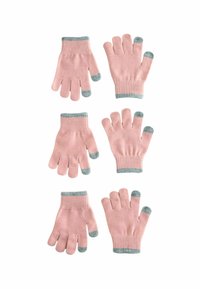 Sechs Paare von hellpinkfarbigen Handschuhen mit Fingeröffnungen und kontrastierenden türkisfarbenen Bündchen, angeordnet auf einem weißen Hintergrund.