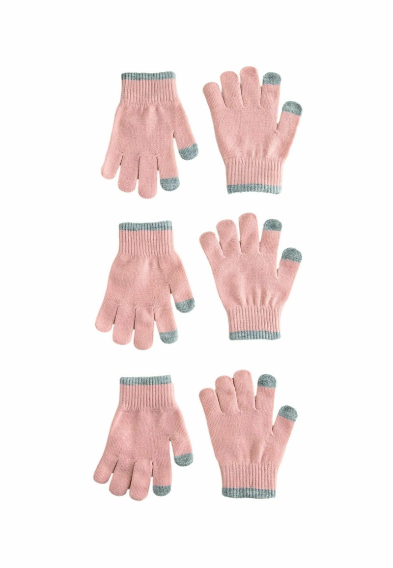Sechs Paare von hellpinkfarbigen Handschuhen mit Fingeröffnungen und kontrastierenden türkisfarbenen Bündchen, angeordnet auf einem weißen Hintergrund.
