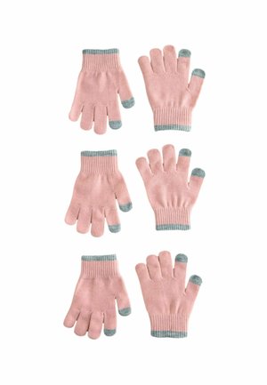 Sechs Paare von hellpinkfarbigen Handschuhen mit Fingeröffnungen und kontrastierenden türkisfarbenen Bündchen, angeordnet auf einem weißen Hintergrund.