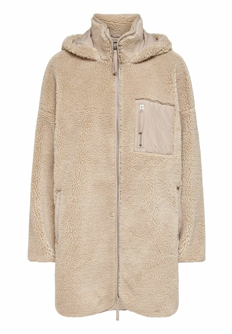 Beige fleecejack met capuchon, voorzien van een voorrits, een gestructureerde stof en een zijzak van glad materiaal. Losse, oversized pasvorm.