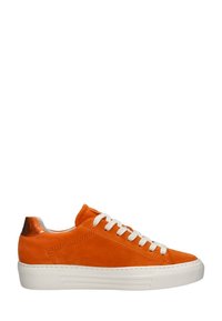 Orangenes Wildleder-Sneaker mit weißen Schnürsenkeln und Gummisohle. Metallisch kupferfarbener Akzent an der Ferse. Glatte Textur mit klarem, minimalistischen Design.