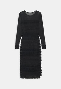 Musta mekko pitkilla hihoilla, jossa on läpinäkyvä kangas kerrostetuin volkein, pyöreä pääntie ja slim fit -silhuetti.