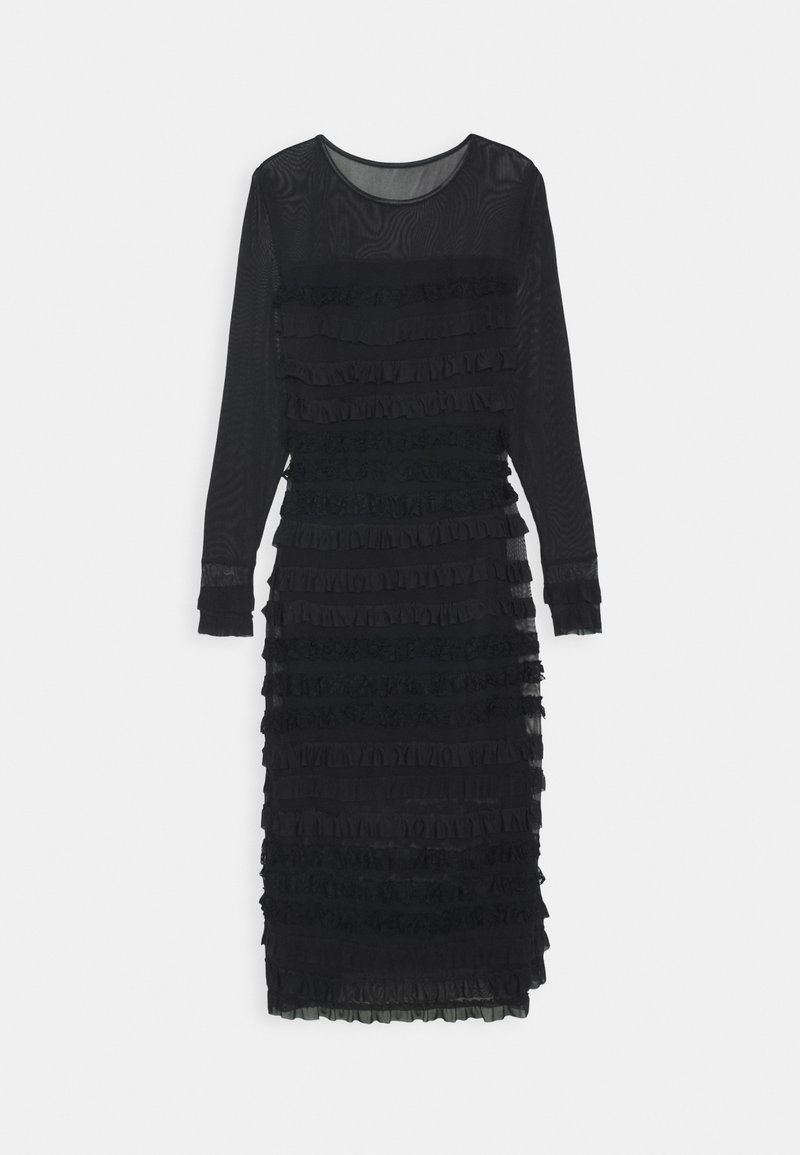 Musta mekko pitkilla hihoilla, jossa on läpinäkyvä kangas kerrostetuin volkein, pyöreä pääntie ja slim fit -silhuetti.