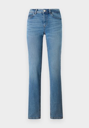 Lys blå denimjeans med høy midje, tapered design og subtil fading. Har beltehemper, fem lommer og metallknapplukking.