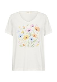 White cotton T-shirt featuring a v-neck and short sleeves, decorated with a colorful floral pattern in pastel tones.