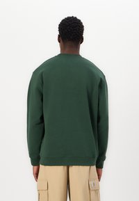 Green crewneck sweatshirt made from soft fabric, featuring ribbed cuffs and hem. The back view shows a simple, unembellished design.