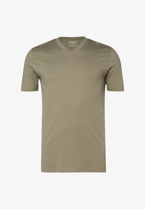 Męski oliwkowozielony T-shirt z krótkim rękawem i dekoltem w serek, z subtelnym logo s.Oliver na piersi, gładki i dopasowany, prezentowany na białym tle.