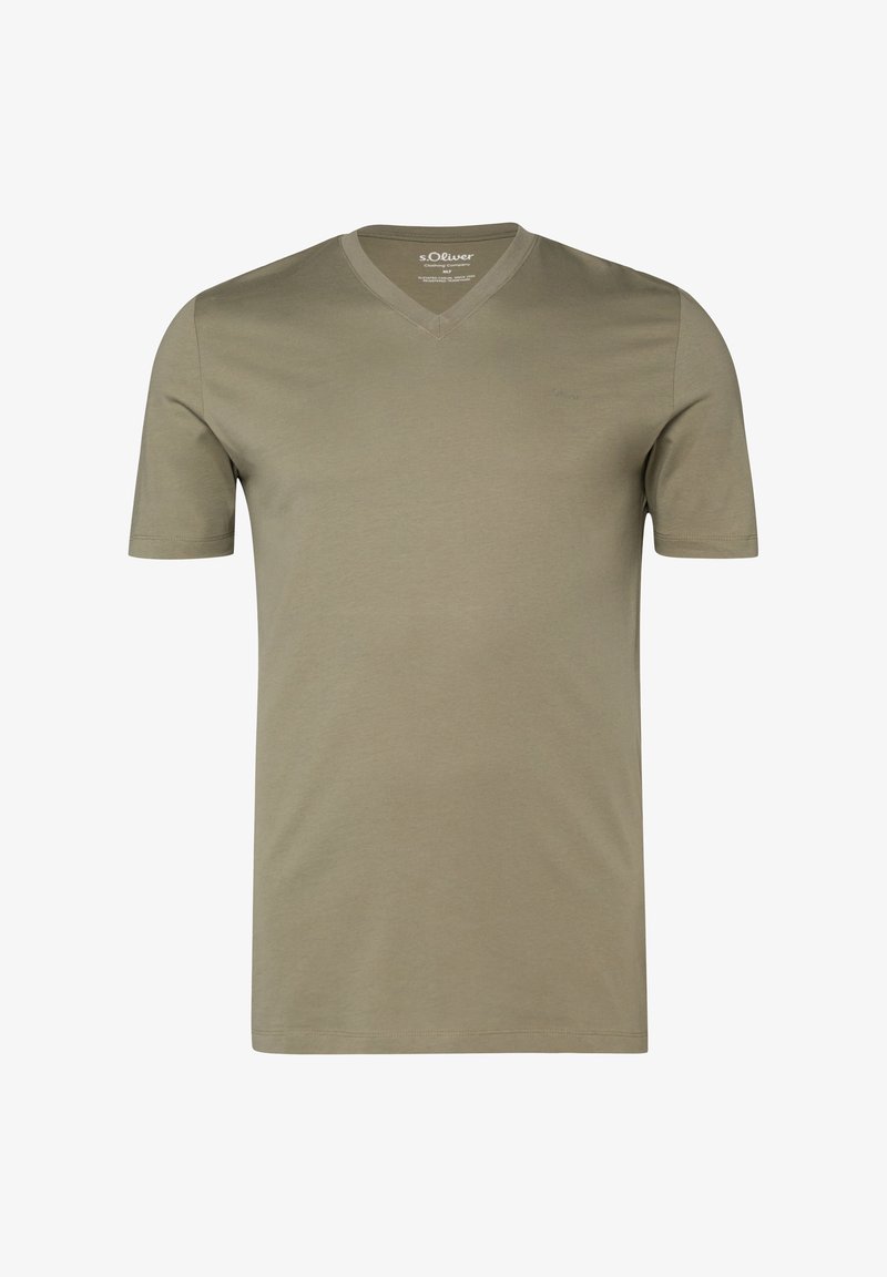 T-shirt pour homme vert olive à col en V et manches courtes, avec un logo s.Oliver discret sur la poitrine, uni et ajusté, présenté sur un fond blanc.