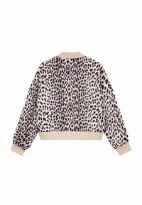 Mikina s leopardím vzorom, vyrobená z mäkkého materiálu, s rebrovaným okrúhlym výstrihom a manžetami, v odtieňoch krémovej a tmavo hnedej. Skrátený strih.