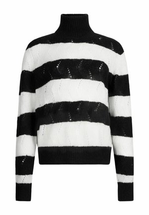 Sort og hvid stribet turtleneck sweater med en cropped design, lavet af tekstureret strik, med skiftevis ensfarvede og mønstrede striber.